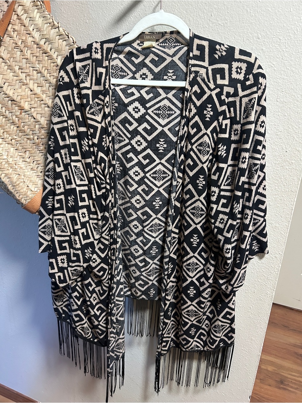 Black & Cream Aztec Fringe Kimono Cardigan